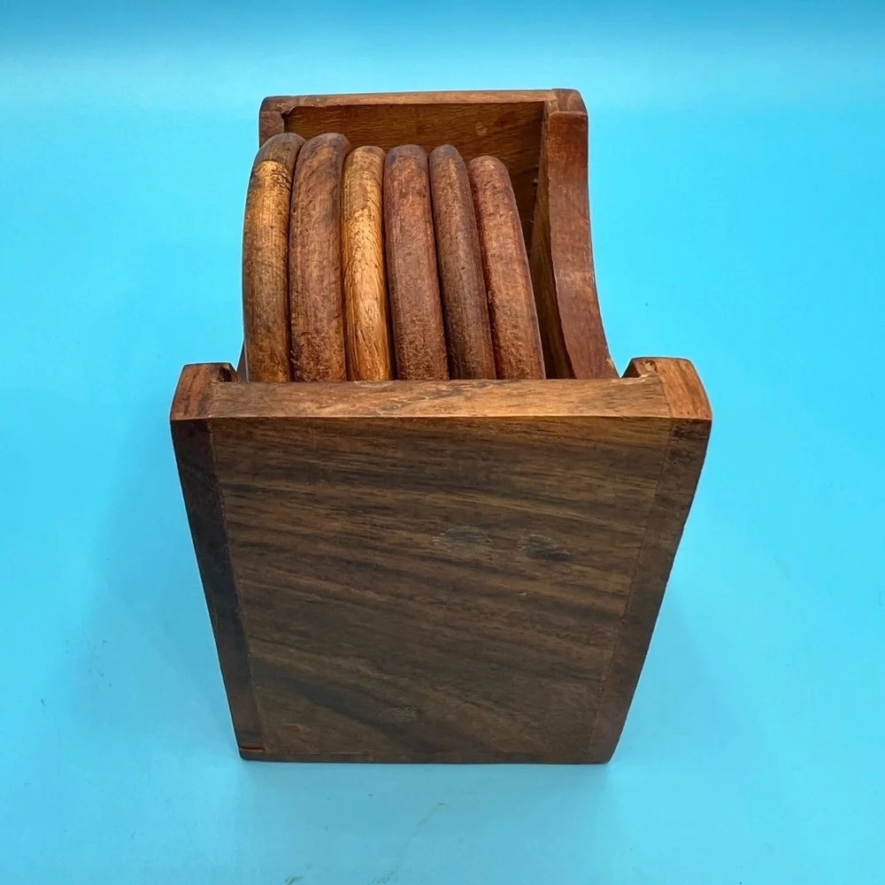 Brown Wooden Floral Coaster Set with Holder